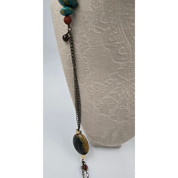 Long Boho Necklace with Various Beads Including Faux Turquoise and Faux Amber - Picture 6 of 15